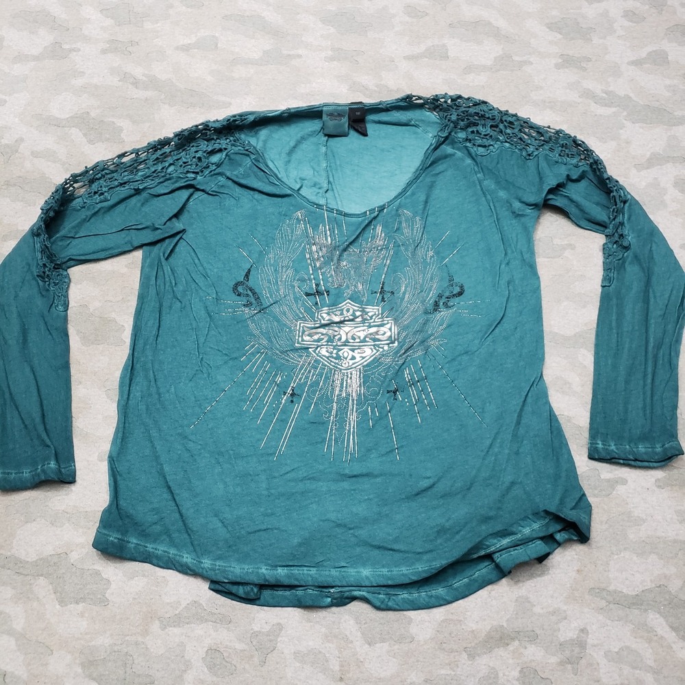 Harley Davidson Top Womens 1W Green Pullover Long Sleeve